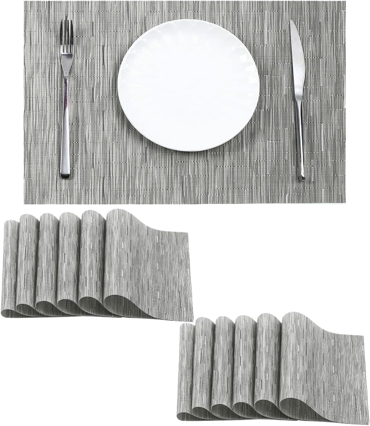 Leetaltree Silver Placemats Set of 12 - Heat Resistant Non-Slip Place mats for Dining Table, Washable Durable PVC Vinyl Woven Table Mats（Sliver, 12）