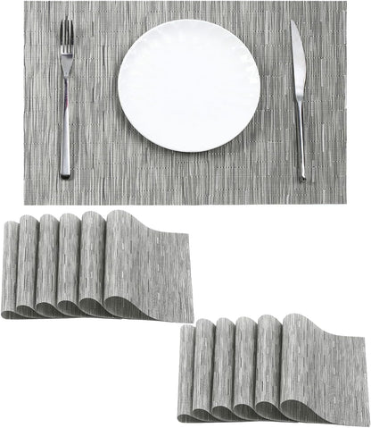 Leetaltree Silver Placemats Set of 12 - Heat Resistant Non-Slip Place mats for Dining Table, Washable Durable PVC Vinyl Woven Table Mats（Sliver, 12）