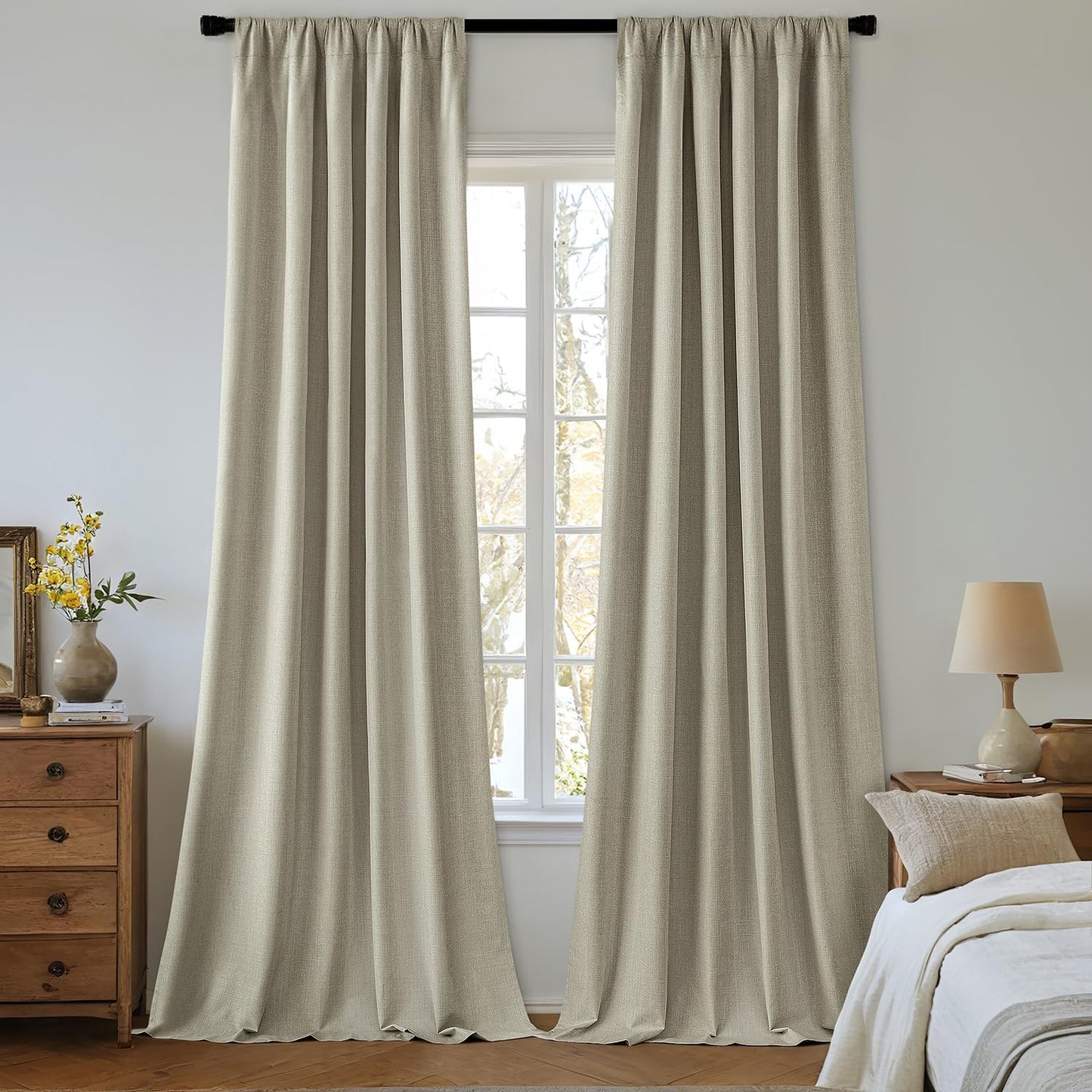 MIULEE 100% Blackout Curtains 120 Inch Long 2 Panels Set for Bedroom, Thick Luxury Faux Linen Black Out Curtain Room Darkening Back Tab Pleat Window Textured Drapes with Hooks for Living Room, Oatmeal