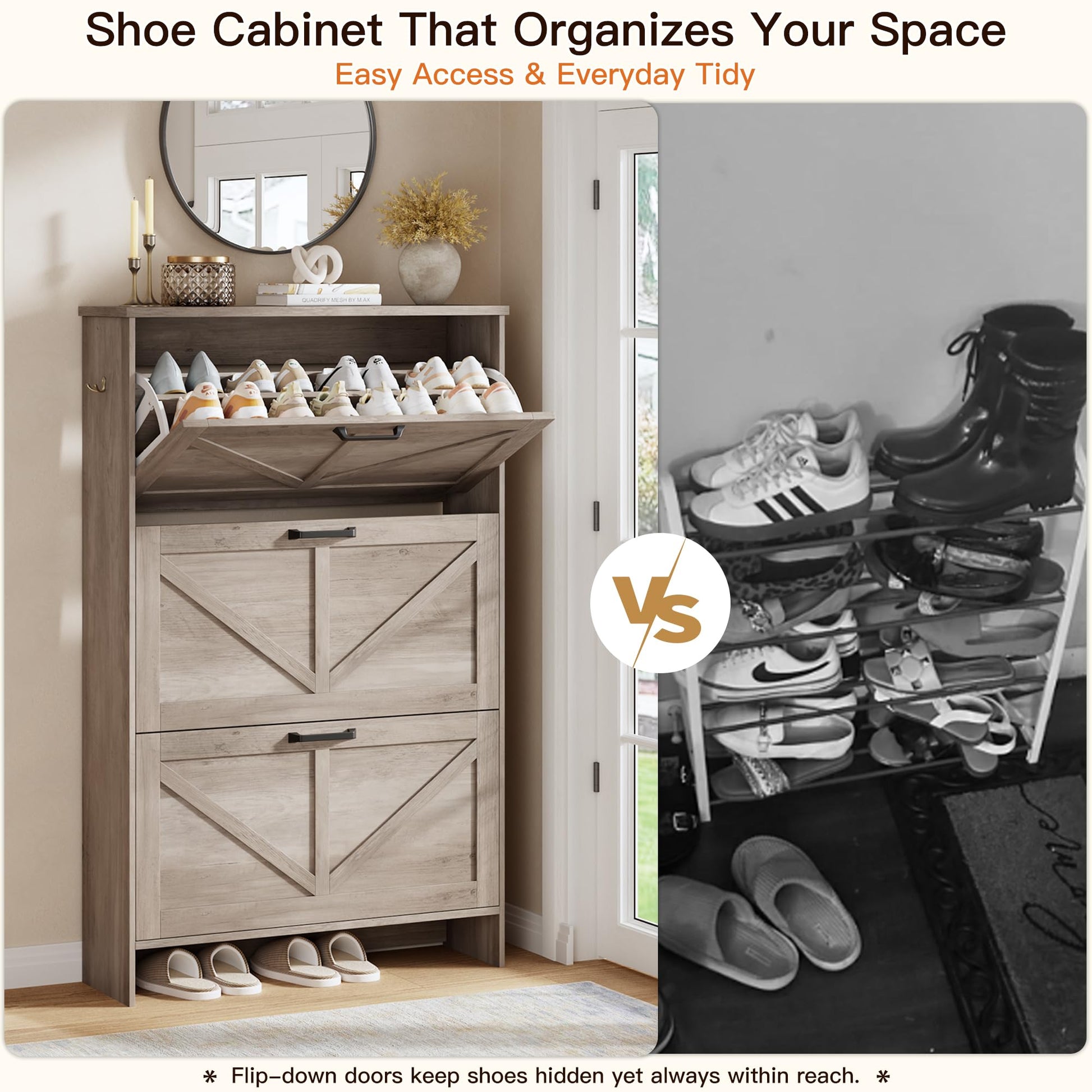 Nicetree Farmhouse Gray Shoe Cabinet – Ultra Slim 3-Drawer Flip Organizer with Shaker Barn Door