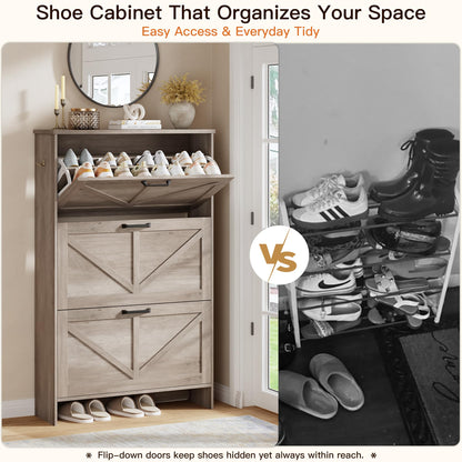 Nicetree Farmhouse Gray Shoe Cabinet – Ultra Slim 3-Drawer Flip Organizer with Shaker Barn Door