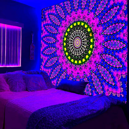 PSYHILAR Blacklight Mandala Tapestry for Bedroom, XL Black Light Posters for Adults and Teens, Red UV Reactive Aesthetic Bohemian Wall Art Decor (90 x 70 Inches)
