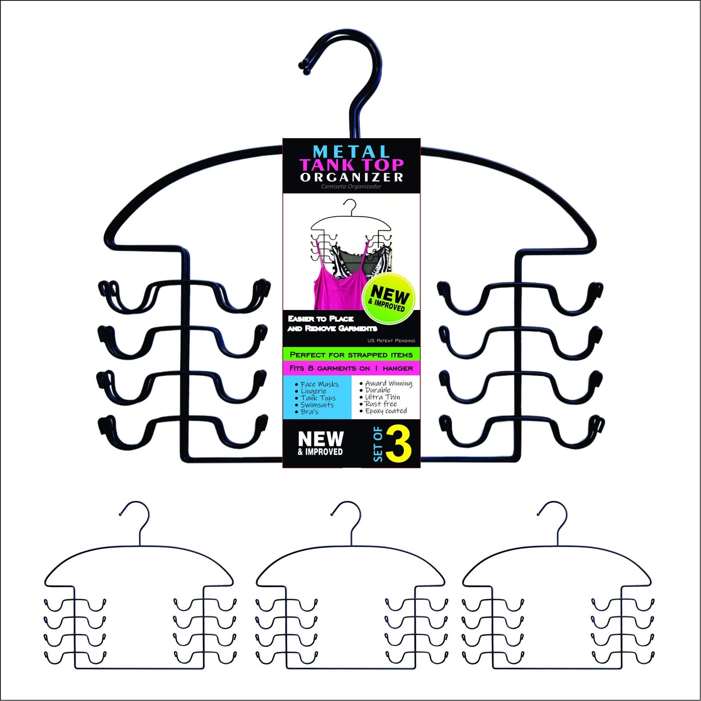 Organizer Hangers for Tank Tops, Bras & Camis by Dr. Organizer – USA Patented Steel 3-Piece Set