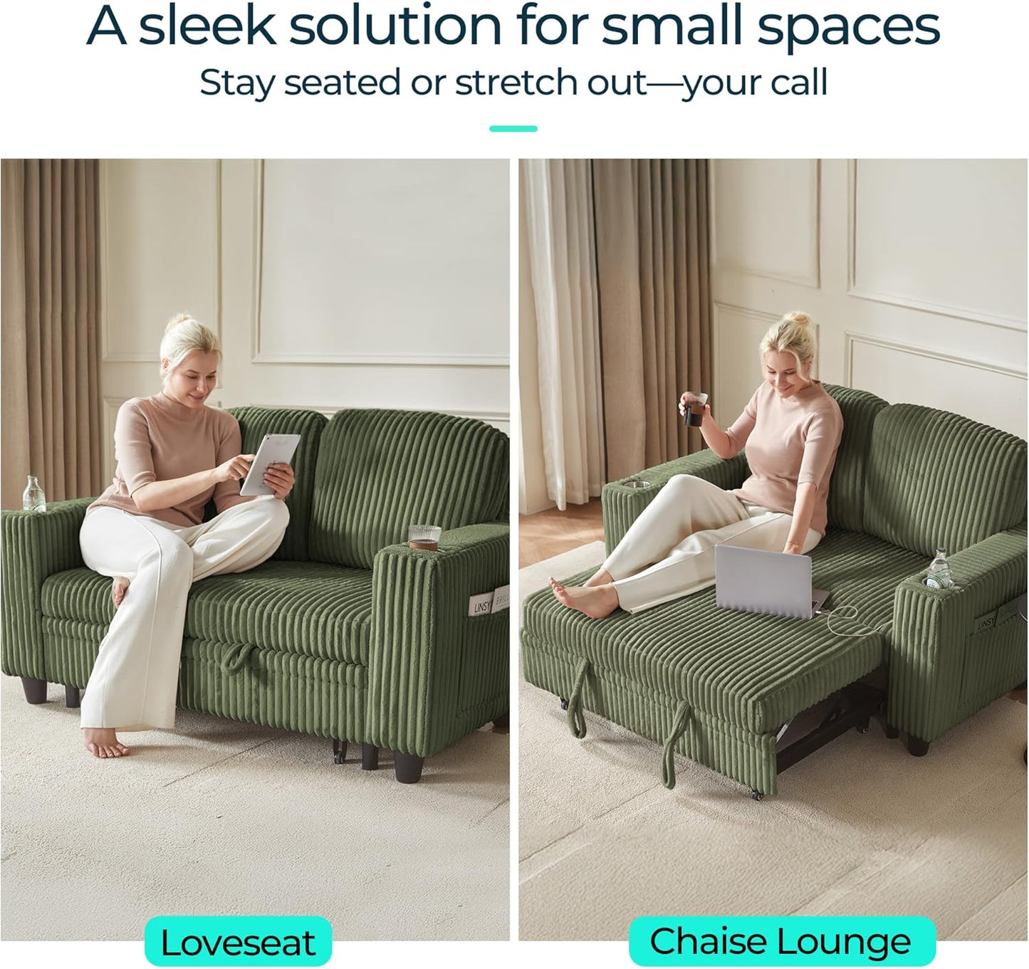 LINSY HOME Loveseat Sofa with Pull Out Couch Chaise: 2-in-1 Convertible 2 Seater Sofa with USB Charging & Cup Holders, Comfy Plush Corduroy Love Seat for Small Spaces Living Room Apartment, Green