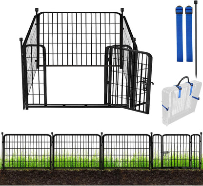 ADAVIN 24 in(H) Garden Fence with Gate, 4 Panels Total 9.8 Ft(L), Heavy Duty Iron Metal Animal Barrier Fence, Camping Fence, No Dig Garden Border Fencing for Yard
