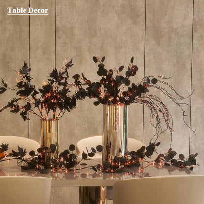 Birchlitland Halloween Black Maple Garland with Lights Timer 48 LED Orange and Warm White Fairy Lights, Battery Operated for Indoor and Outdoor Halloween Party Decoration