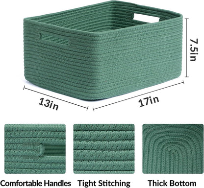 Large Storage Baskets for Organizing, Closet Shelf Baskets for Clothes Blanket Towels, Baby Nursery, Toy Bins Box, Woven Rope Baskets, 17 x 13 x 7.5”, 4 Packs Green