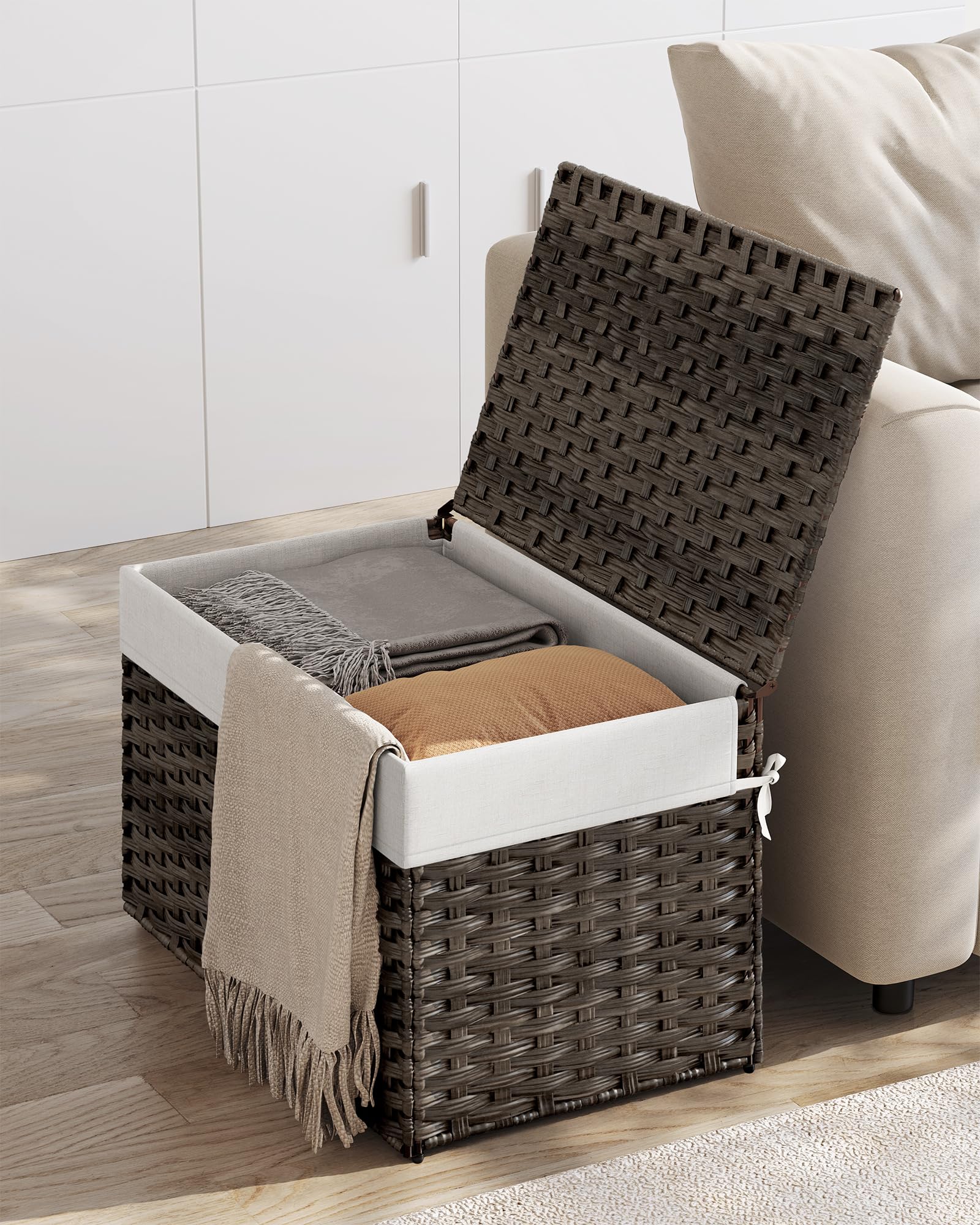 SONGMICS Storage Basket with Lid, Woven Blanket Storage Bin with Handles, Foldable, Removable