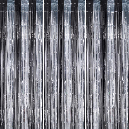3 Pack Foil Fringe Backdrop - Black&Silver Shiny Tinsel Curtains for Party Decoration/Photo Booth Props - 3.3x8.2 FT Metallic Foil Backdrop for Birthday, Wedding, Graduation, Christmas.