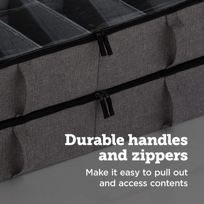 storageLAB Slim Under Bed Storage Containers, Closet Organizers with Sturdy Handles for Clothes, Comforters, and Accessories, Use Under or at the End of the Bed - 2 Pack, Adjustable Dividers, Grey