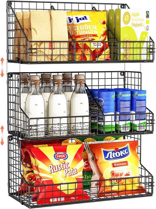 X-cosrack 3 Tier Large Stackable Snack Organizer - Versatile Wall Mounted Wire Storage Basket with Divider for Candy Chip Cans Bars - Ideal for Pantry Office Home