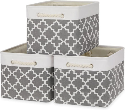 Bidtakay Basket Storage Bins Baskets for Organizing Set of 3 Collapsible Cloth Storage Linen Closet Organizer 15 X 11 X 9.5 Inches Large Foldable Baskets for Shelves (White&Quatrefoil Grey)