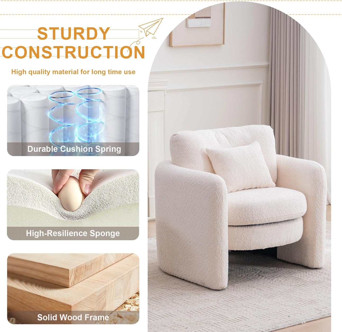 Chenille Accent Armchair Oversize Upholstered Barrel Comfy Modern Round Lounge Sofa Chair with Pillow Cozy Reading Chairs for Apartment,Office,Living Room,Dining,Makeup,Club,Beige 2SET