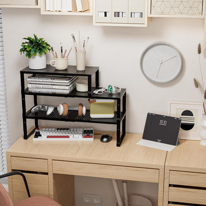 Expandable,Adjustable & Stackable Spice Rack, Cabinet Kitchen Countertop Shelf Organizer,Metal Pantry Storage Shelves - Space-Saving Storage Solution(1Pack/Black/Medium)