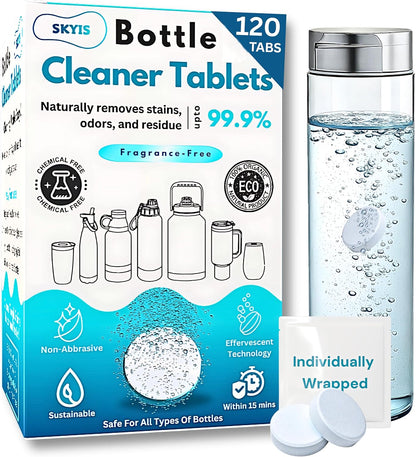 120-pcs Water Bottle Cleaner Tablets, Chlorine-free, Water Bottle cleaner, Tumbler washer and Glass bottle cleaner Removes stubborn stains and Freshens glass bottles and utensils