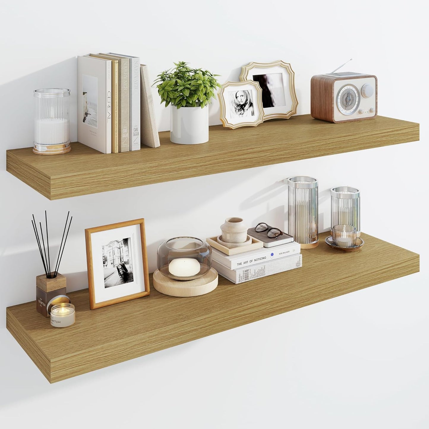 Marsmiles 39" Floating Shelves for Wall, Wooden Shelves with Invisible Brackets Set of 2, Rustic Farmhouse Wall Mounted Shelf for Kitchen Bathroom Living Room Study, Natural Oak