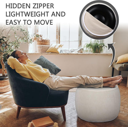 2 Pack Round Inflatable Pouf Ottoman Foot Rest for Couch 20 x 16 Inch Cozy Portable Floor Corduroy Poufs Foot Stool Ottoman with Pump for Living Room Bedroom Chair, Beige