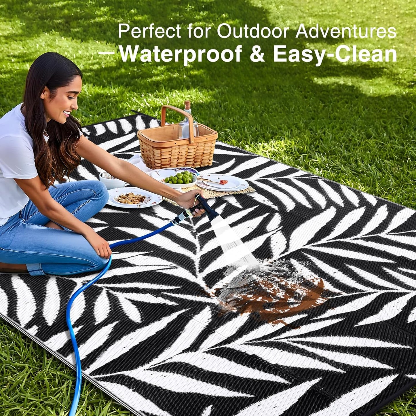 OLANLY Waterproof Outdoor Rug 9x12 ft, Reversible Outdoor Plastic Straw Rug with Leaf Pattern, RV Mat, Indoor Outdoor Carpet for Patio, Camping, Balcony, Deck, Backyard, Black & White