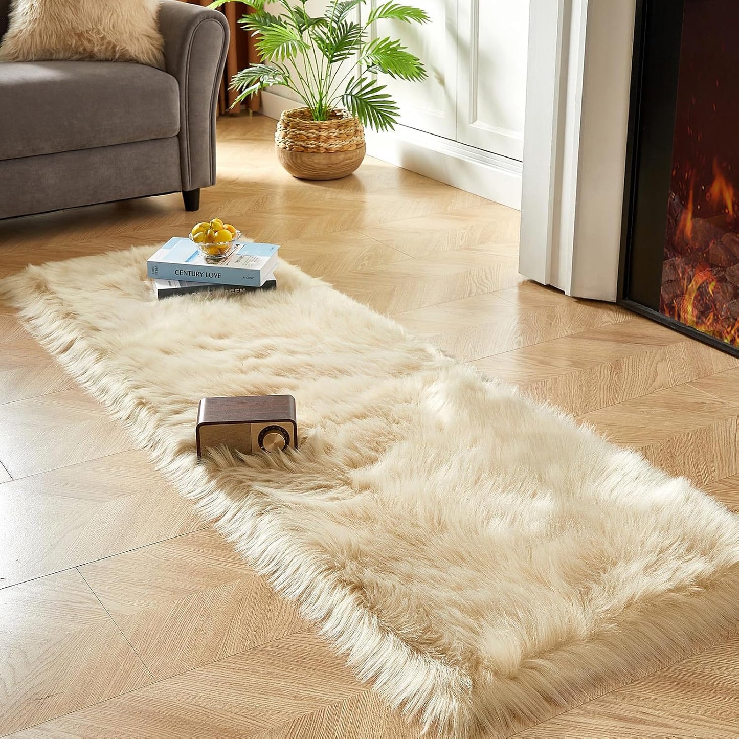 AMTOVO Faux Fur Rug, Beige Ultra Soft Fluffy Shag Sheepskin Rug, 2 x 6 ft Runner Area Rugs for Bedroom Sofa Throw Cushion Room Decor, Rectangle