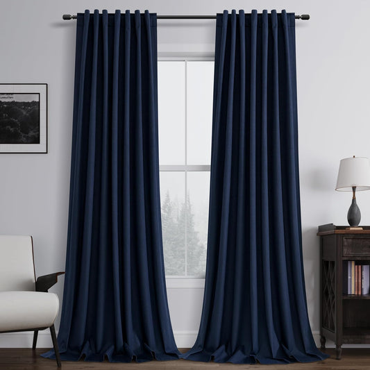 BOODII 100% Blackout Curtains for Bedroom 95 Inch Length 2 Panels Set Room Darkening Linen Curtains Navy Blue Black Out Curtain Thermal Insulated for Living Room Window Drapes Back Tab 52x95