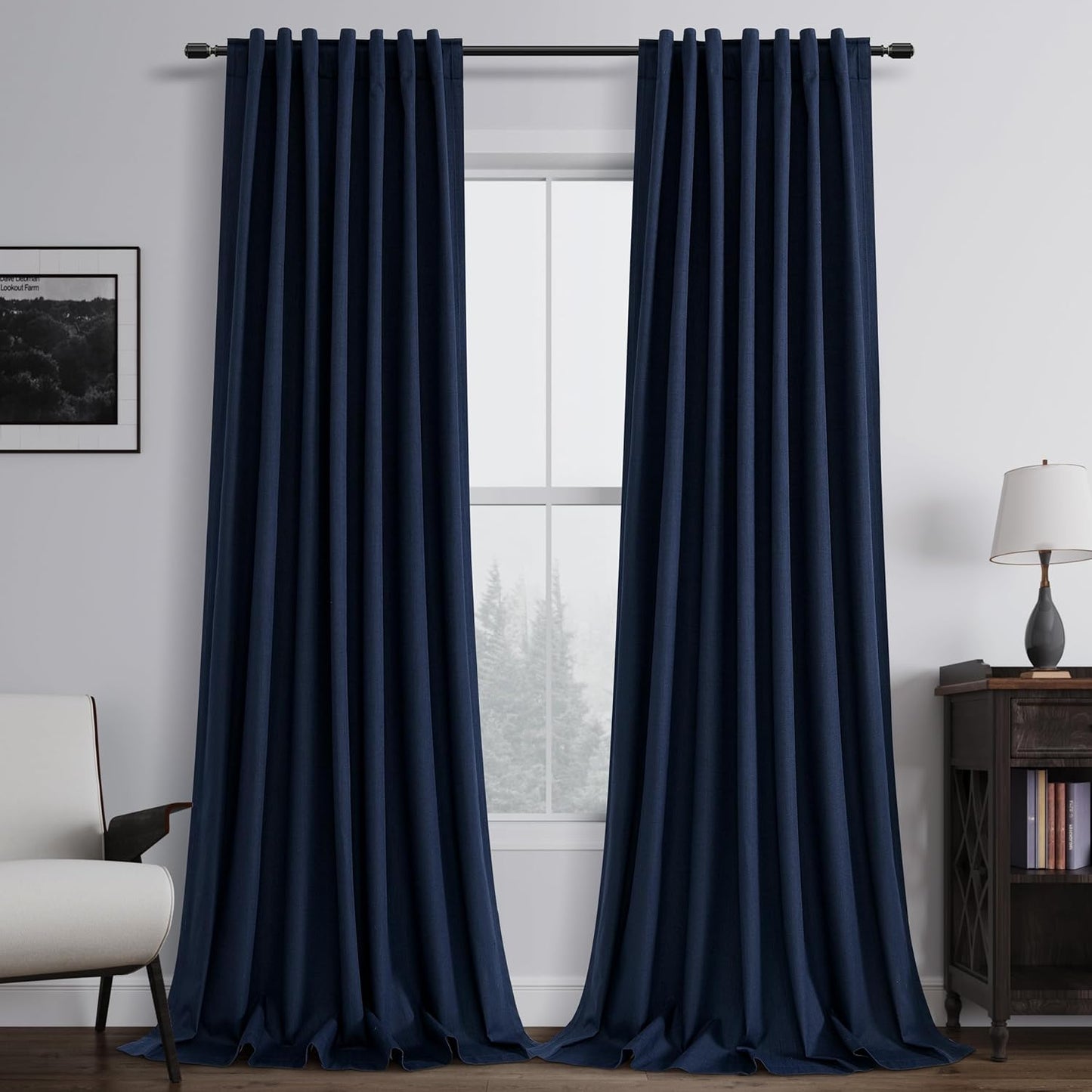 BOODII Navy Blue Linen 100% Blackout Curtains for Bedroom 102 Inch Long 2 Panels Window Curtain Floor to Ceiling Length for Living Room Sliding Glass Door Back Tab Room Darkening Drapes 52x102