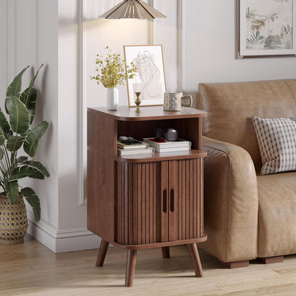 Alohappy Fluted End Table Set of 2, Mid Century Modern Nightstand with Sliding Tambour Door, Curved Round Edge Wood Bedside Table for Bedroom, Side Tables with Storage for Living Room, Walnut