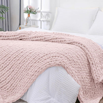 Bigacogo Chunky Knit Throw Blanket for Couch, 51x63 inches, 100% Hand Knitted with Thick Jumbo Chenille Yarn, Cozy Soft Large Rope Knot Cable Crochet Blankets for Sofa Bed Living Room, Rose Tan