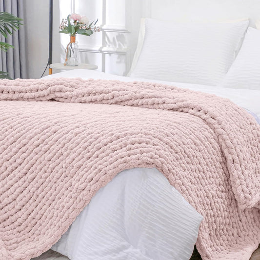 Bigacogo Chunky Knit Throw Blanket for Couch, 51x63 inches, 100% Hand Knitted with Thick Jumbo Chenille Yarn, Cozy Soft Large Rope Knot Cable Crochet Blankets for Sofa Bed Living Room, Rose Tan