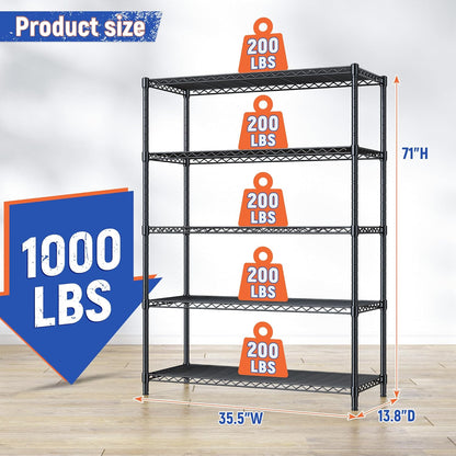 5 Tier Storage Shelves 71"H Wire Shelving Adjustable Metal Shelving,1000LBS Pantry Shelves Sturdy Steel Wire Shelf for Kitchen School Pantry Garage Warehouse ,71"H X35.5"W X13.8"D, Black,2P
