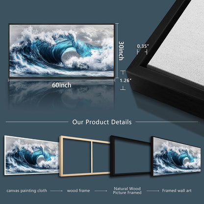PHAOHUAXM Large Canvas Blue Wave Paintings Wall Art For Living Room Wall Decoration For Bedroom Ocean Wall Pictures Printing Office Decorations Posters Modern Home Decor Black Framed 30x60 In