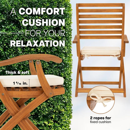 IDZO, Percy Chairs Heavy Duty 400lbs Capacity Set of 2 w/Cushion, FSC Acacia Outdoor Furniture, Teak Finish, Fully Assembled, Wood Folding_Beige