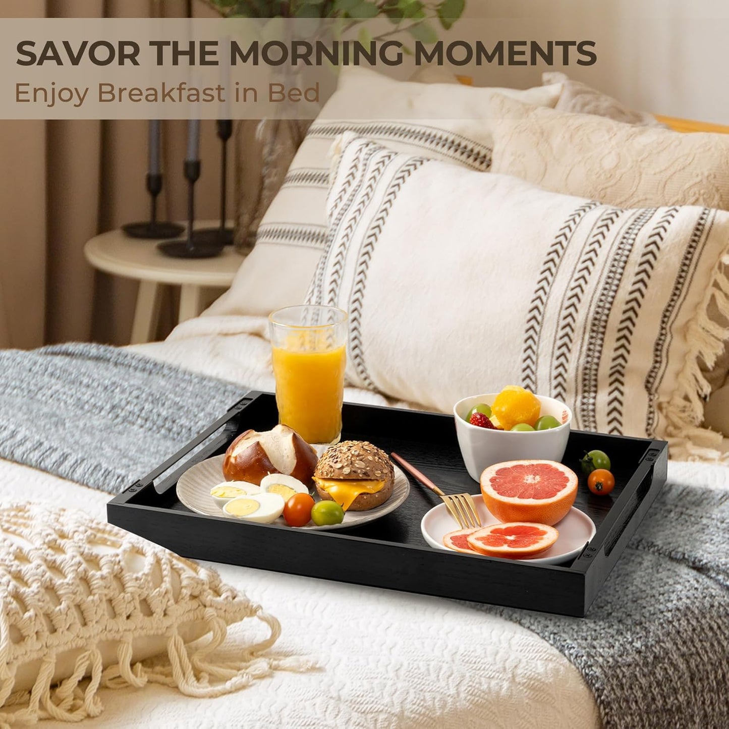 Axeman Wooden Serving Tray with Metal Handles|Ottoman Tray for Breakfast, Bed, Couch|17x13in Ash Wood Coffee Table Trays|Food Drinks Decorative Storage Boards for Ottoman Kitchen, Black