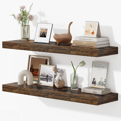 Dreamland 36 Inches Floating Shelves for Wall, 9.3" Deep Long Floating Shelves Set of 2, Large Display & Storage Shelf, Wall Shelf for Bathroom Bedroom Living Room Kitchen Office, Rustic Brown