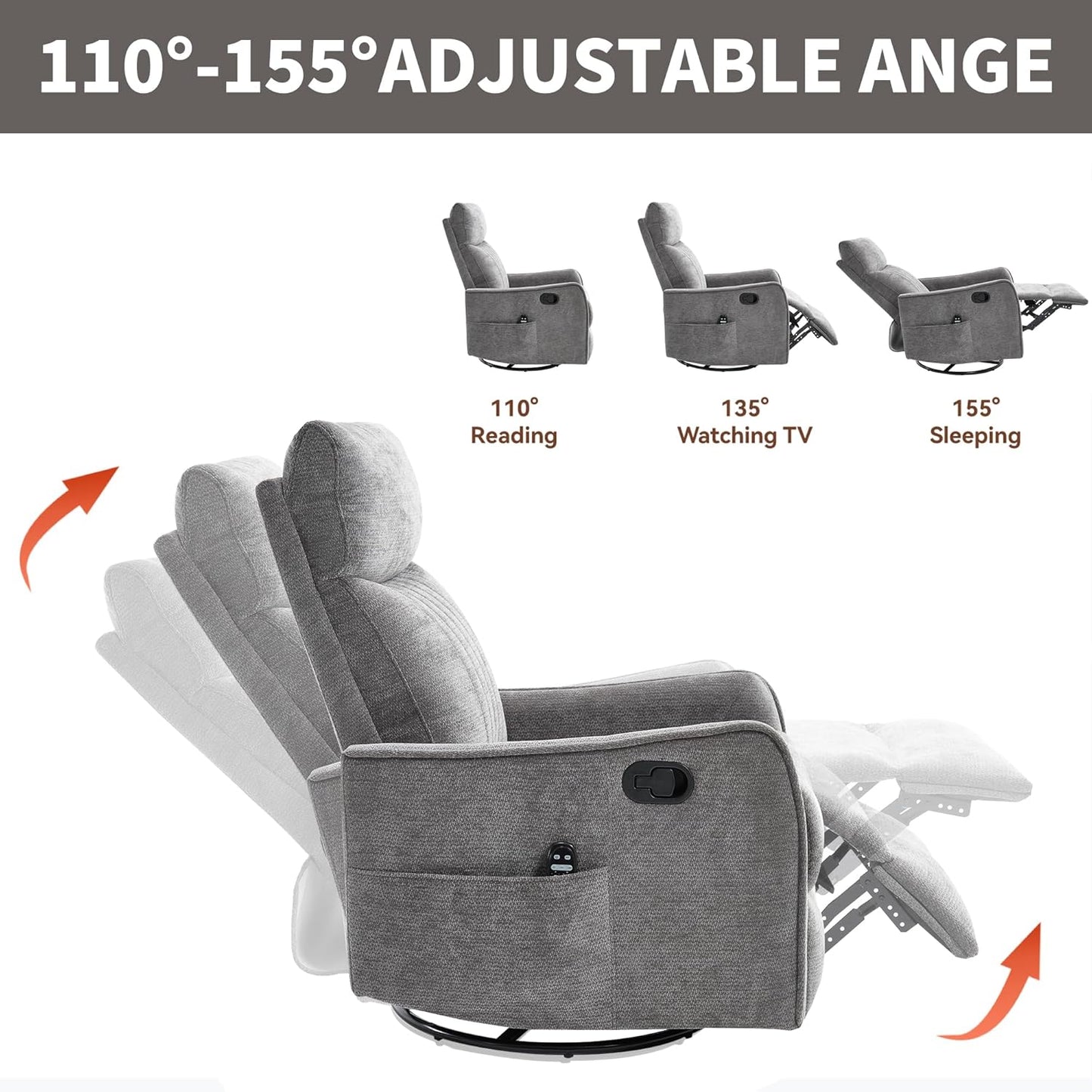 Manual Swivel Rocker Recliner Chair for Adults, Overstuffed Reclining Glider Chair for Nursing with Vibration Massage & Heat, Living Room Rocking Recliner 2-Stage backrest, Chenille Fabric Dark Gray