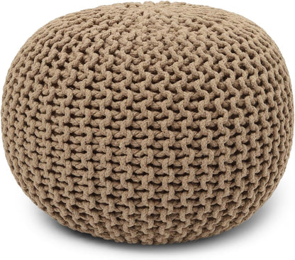 REDEARTH Round Pouf Ottoman - Hand Knitted Cable Boho Poof Home Décor Pouffe Circular Footrest for Living Room - Bedroom - Lounge - 100% Cotton (19.5"x19.5"x14") - Beige