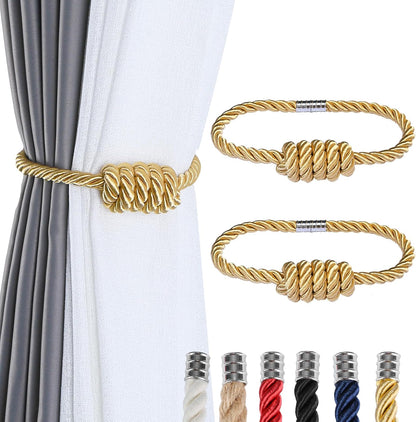 Fenghuangwu 2Pack Magnetic Curtain Tiebacks – Bohemian Style Handmade Woven Tie-Backs for Drapes,Elegant Exquisite Knot Holdbacks,Outdoor Boho & Modern Home Decor（Gold