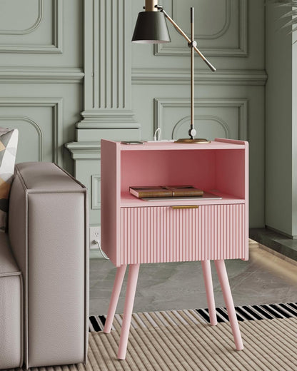 Nightstand,Modern Bedside Table with Storage Drawer and Open Wood Shelf, Accent Night Stand with Solid Wood Legs for Living Room, Bedroom and Small Spaces,Easy Assembly (Pink-Outlet)