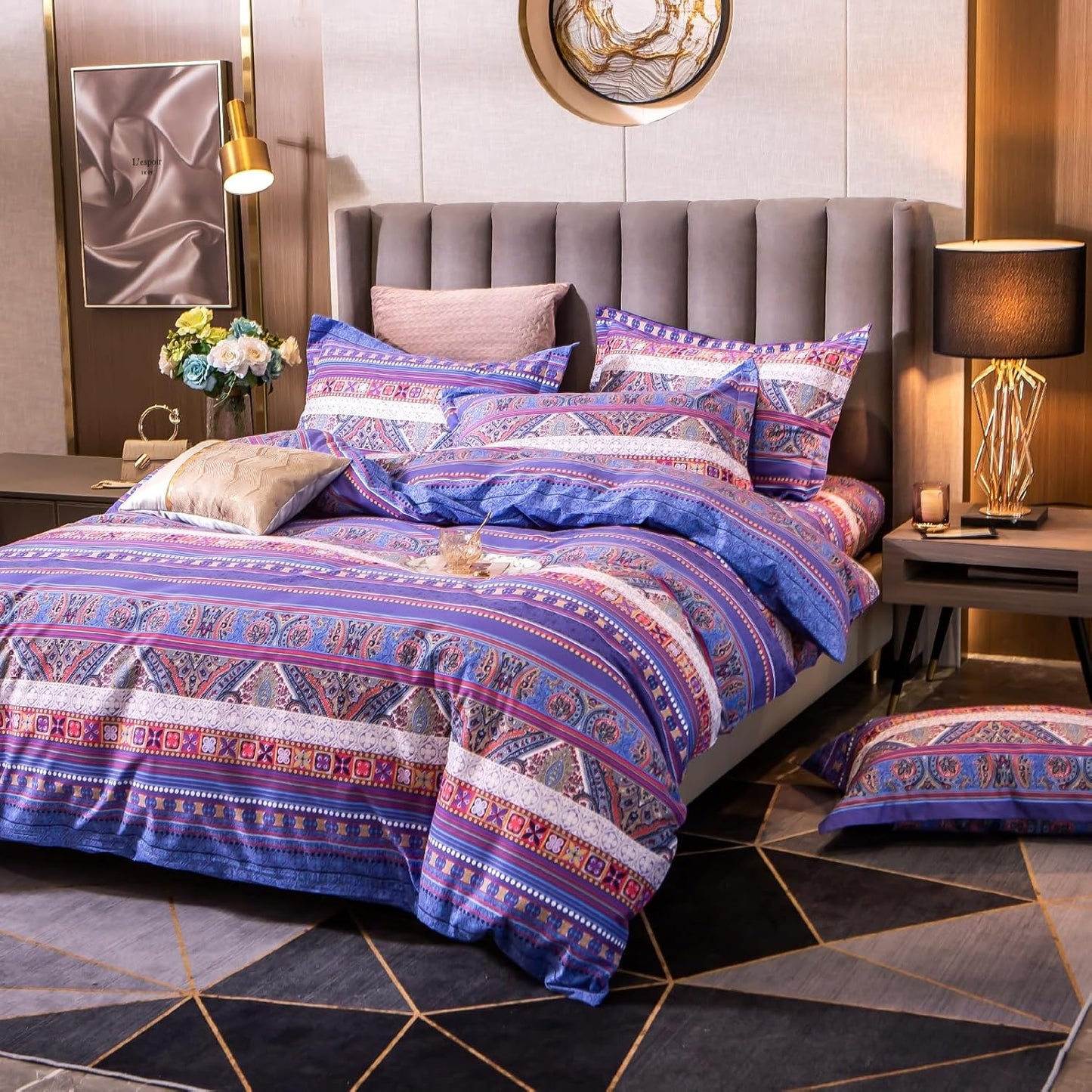 ABREEZE Bohemian Vintage King Size Floral Cotton Bedding Set 3Pcs Duvet Cover Set Boho Purple Paisley 100% Egyptian Brushed Cotton Reversible Home Bedding Collection