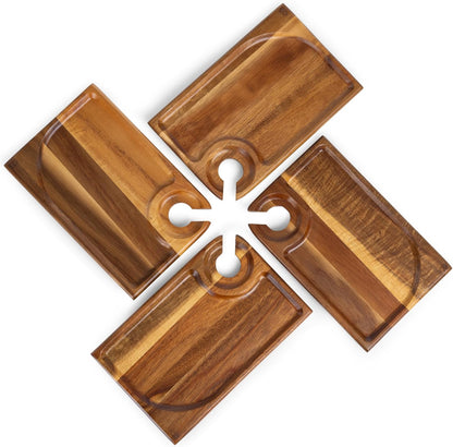 PICNIC TIME Rectangle Wine Appetizer Plates Set of 4, Cocktail Plate with Glass Holder, Cheese Board with Wine Holder, (Acacia Wood)