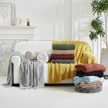 Longhui bedding Chunky Cotton Knit Throw Blanket for Couch, Sofa, Bed, or Chair, Decorative Breathable Fall Cable Knit Blanket 51 x 63 Inches, Medium Weight Mustard Yellow