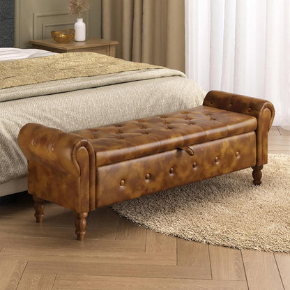 Storage Ottoman Bench for Bedroom, 52" Leather End of Bed with Rolled Arms, Upholstered Ottoman Fit for Living Room, Entryway, Faux Leather Brown