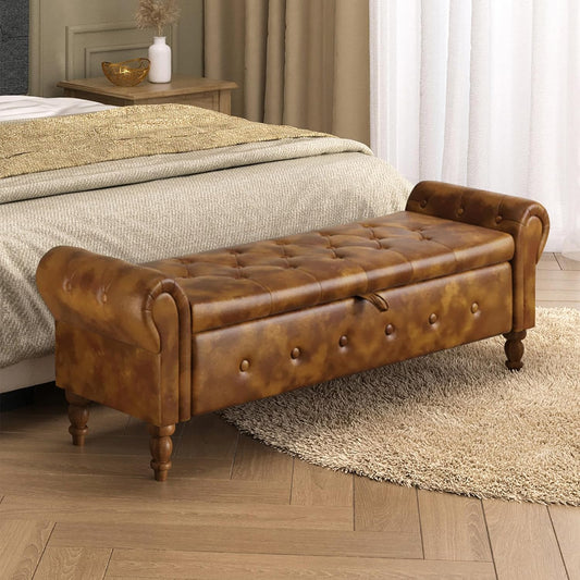 Storage Ottoman Bench for Bedroom, 52" Leather End of Bed with Rolled Arms, Upholstered Ottoman Fit for Living Room, Entryway, Faux Leather Brown