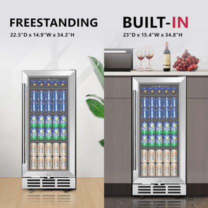 15'' Beverage Refrigerator Cooler - 126 Cans Under Counter Beverage Fridge with LED Light, Built-in Design, Wine Cooler for Home/Kitchen