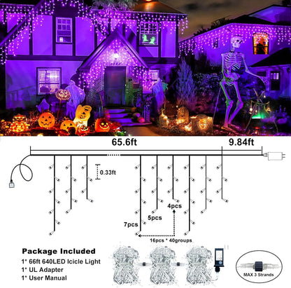 640 LED Purple Halloween Lights Outdoor, 66FT Icicle Lights for Outside with 8 Modes 120 Drops, Waterproof Plug in String Curtain Light for Indoor House Room Patio Party Decorations