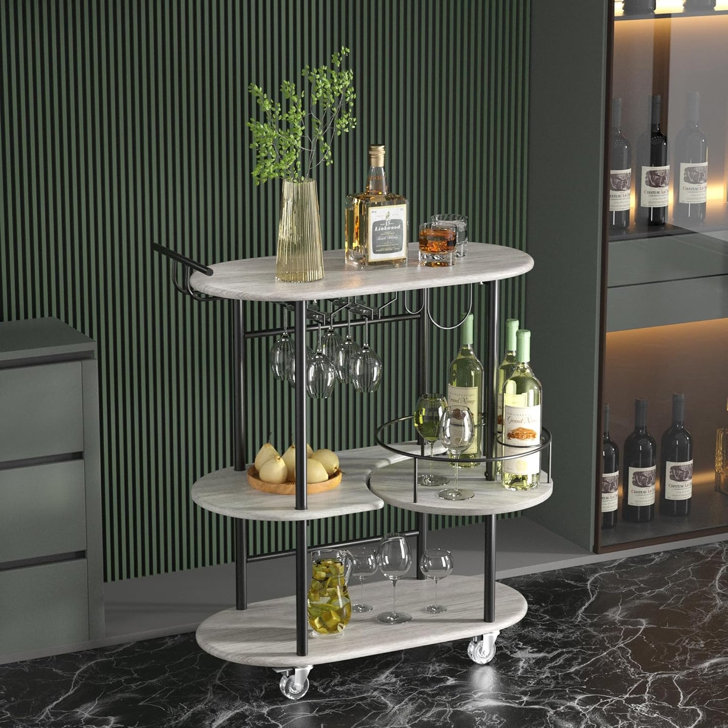Light Gray Bar Carts with 4-Tier Storage Shelves, Mobile Bar Serving Cart with Wine Rack and Glass Holder, for The Home, Kitchen, Living Room, Dining Room
