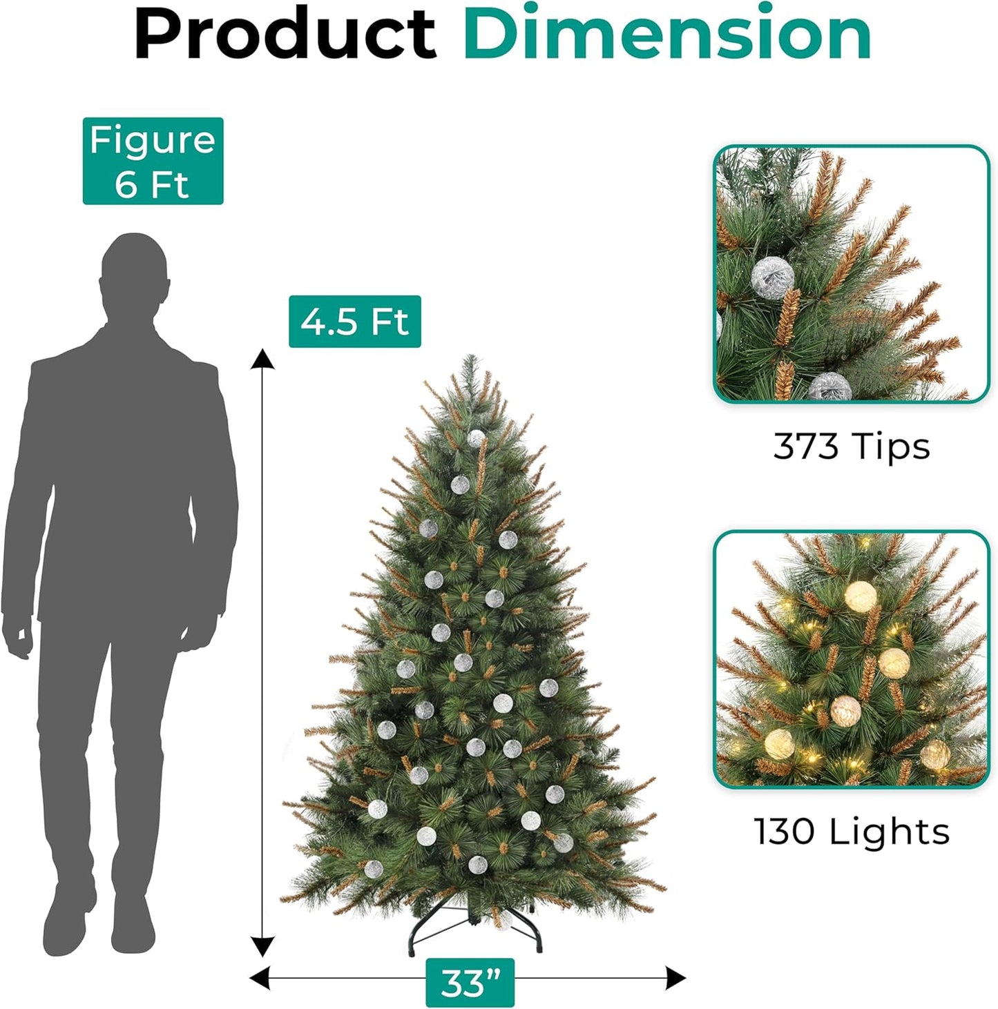 Selena 4.5ft Prelit Artificial Christmas Tree with 373 Branch Tips, 130 Warm Lights and Metal Stand, 33" Wide Realistic Withered Christmas Tree with Lights by Naomi Home