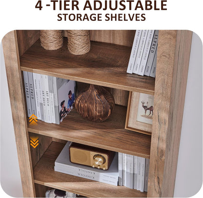 OKD 72'' Tall Bookshelf with Storage, Farmhouse 4 Tier Bookcase with Barn Door, Adjustable Shelves and Drawers, Rustic Wooden Office Bookshelves for Home Bedroom, Living Room, Library (Natural Oak)