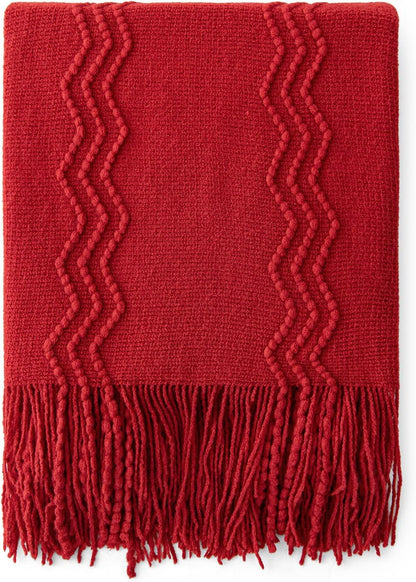 MIULEE Red Knitted Throw Blanket for Couch Boho Textured Cozy Woven Blanket with Tassels for Sofa Chair Bed Living Room Acrylic Wave Pattern 50"x60"