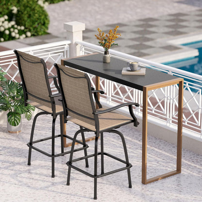 PHI VILLA 3 Piece Outdoor Bar Set, High Top Patio Table and Chairs with Brown Textilene Fabric & Rustproof Metal Frame for Backyard, Balcony, Garden & Poolside