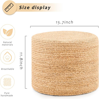 Handwoven Water Hyacinth Ottoman Pouf, Round Outdoor Footstool with Sturdy Frame, No Assembly Needed, Boho Accent Stool for Indoor & Outdoor Use – Patio, Balcony, Living Room (Natural)